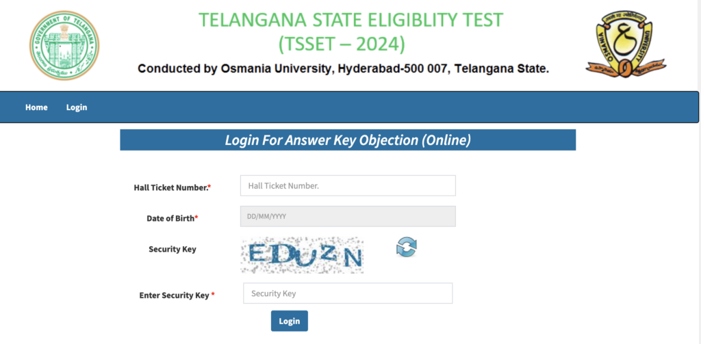TSSET 2024 Login For Answer Key Objection (Online)
